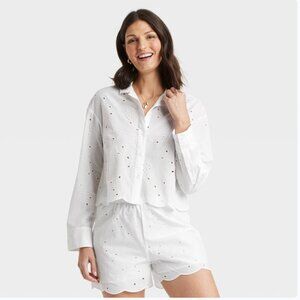 A New Day XS Womens Shirt Eyelet Long Sleeve Button Down V Neck White